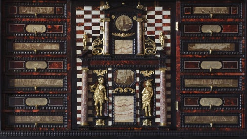 Image of the ornate tortoiseshell, marble and ivory Antwerp Cabinet in Ham House's Withdrawing Room